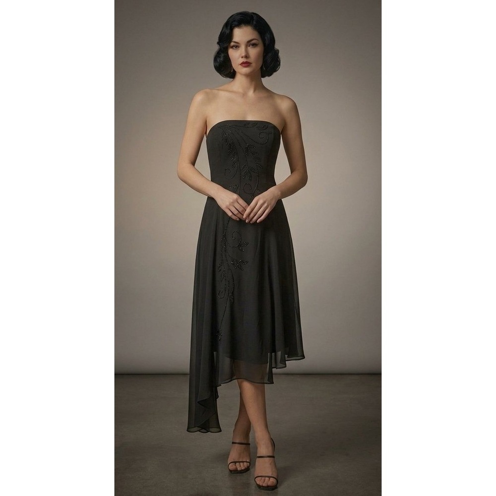 Scott McClintock Y2K Whimsigoth Black Beaded Strapless Asymmetrical Midi Dress